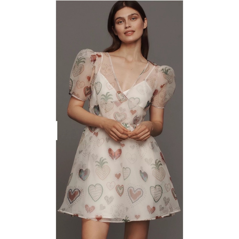 FARM Rio Semi-Sheer Puff-Sleeve Mini Dress White Heart Pineapple Print V-Neck